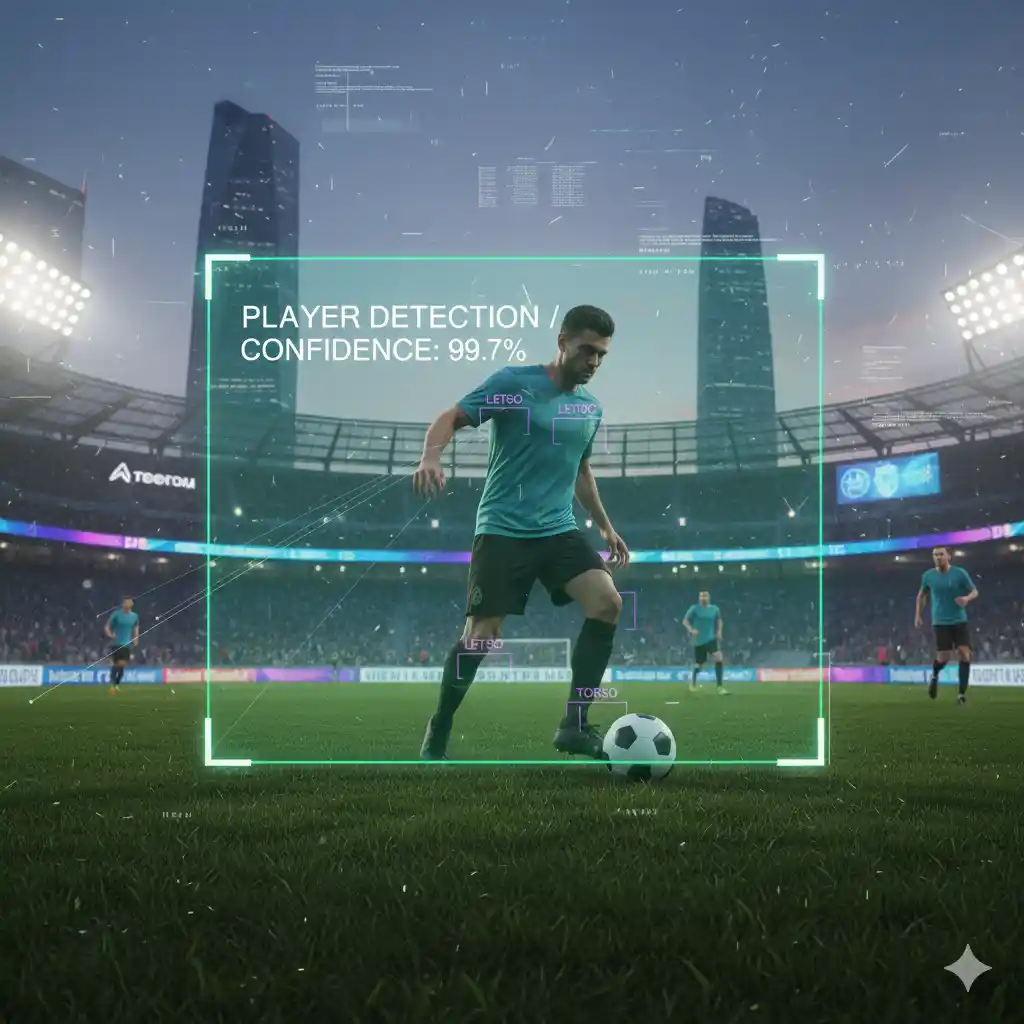 Bounding box annotations highlighting players and sports equipment in video frames for tracking, analysis, and AI performance models.