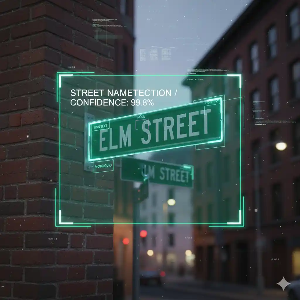 Bounding box annotation of street names on road signs to support navigation AI, map enhancement, and geospatial text detection models.