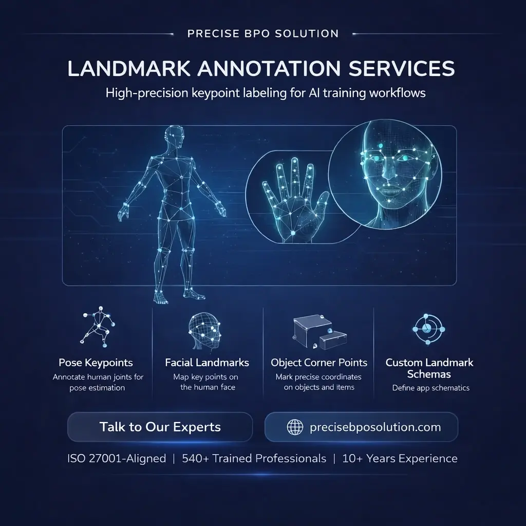 Landmark annotation and keypoint labeling services explaining how precise coordinates improve spatial accuracy across diverse AI applications.