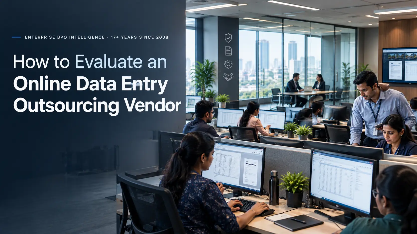 Data entry operators working at desks with a supervisor reviewing quality in the office